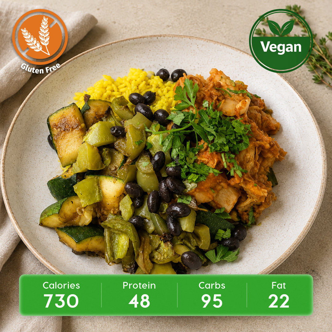 Vegan Spanish Garlic Tempeh with Saffron Rice & Roasted Veggies