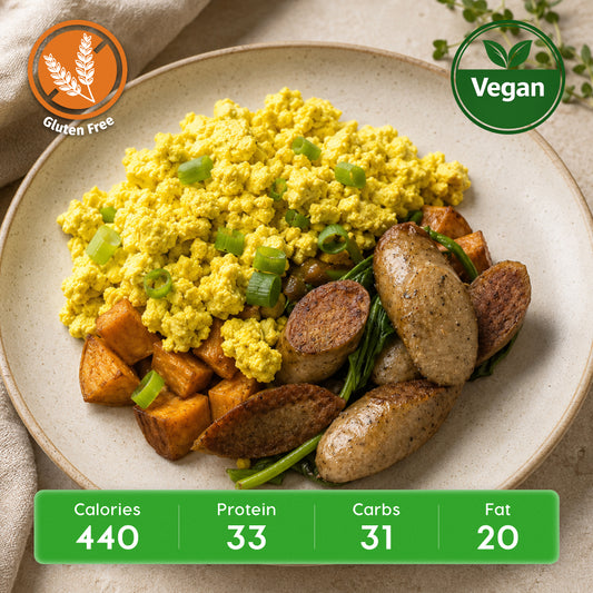 Vegan Sweet Potato & Plant-Based Sausage Skillet with Tofu Scramble & Spinach