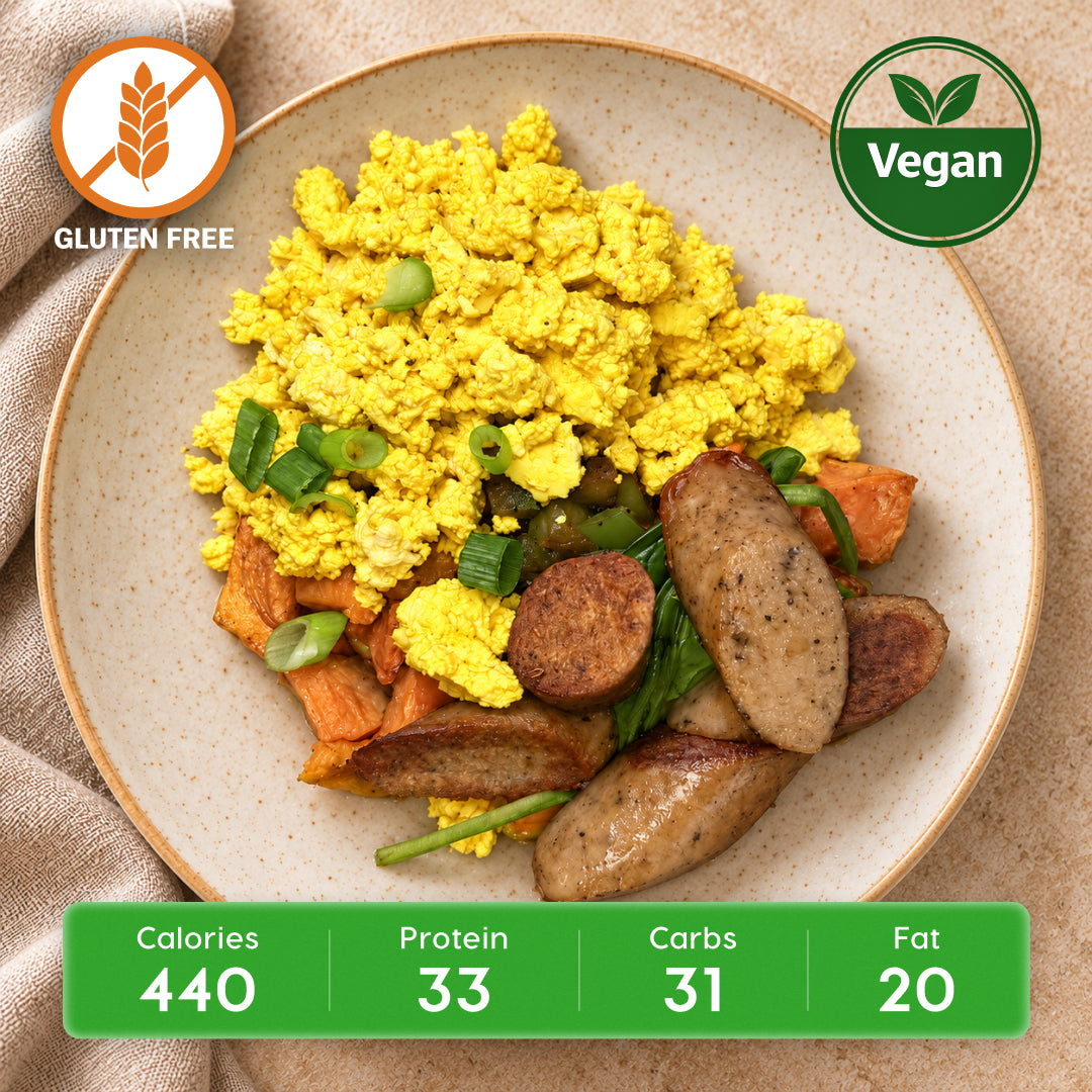 Vegan Sweet Potato & Plant-Based Sausage Skillet with Tofu Scramble & Spinach