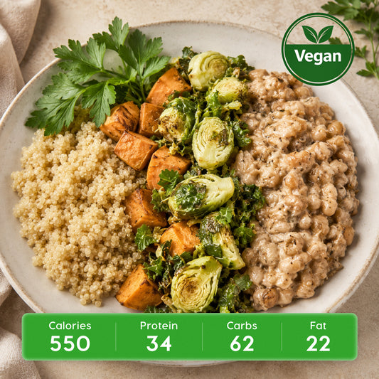 Vegan Tempeh Harvest Bowl with Roasted Sweet Potatoes, quinoa & Brussels Sprouts