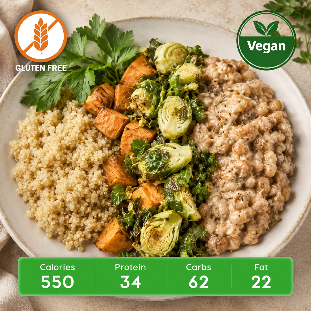 Vegan Tempeh Harvest Bowl with Roasted Sweet Potatoes, quinoa & Brussels Sprouts