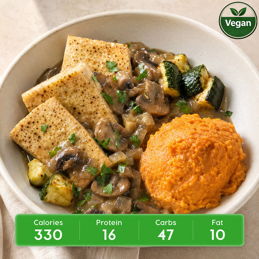 Vegan Tofu Marsala with Roasted Sweet Potatoes & Zucchini
