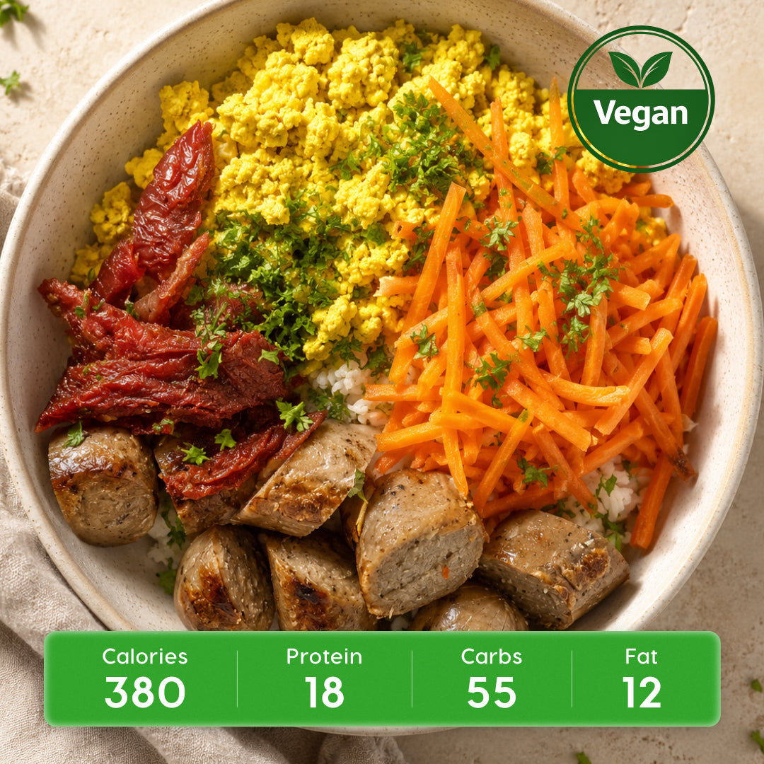 Vegan Tuscan Breakfast Bowl (Tofu) with Sun-Dried Tomatoes, Kale, & Herbed Brown Rice