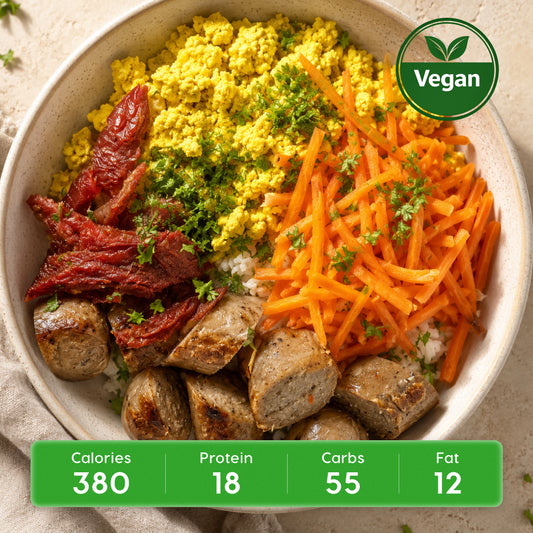 Vegan Tuscan Breakfast Bowl (Tofu) with Sun-Dried Tomatoes, Kale, & Herbed Brown Rice