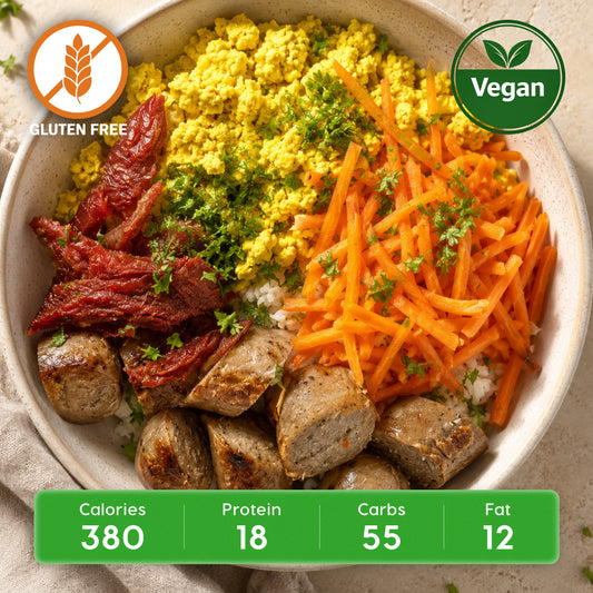 Vegan Tuscan Breakfast Bowl (Tofu) with Sun-Dried Tomatoes, Kale, & Herbed Brown Rice