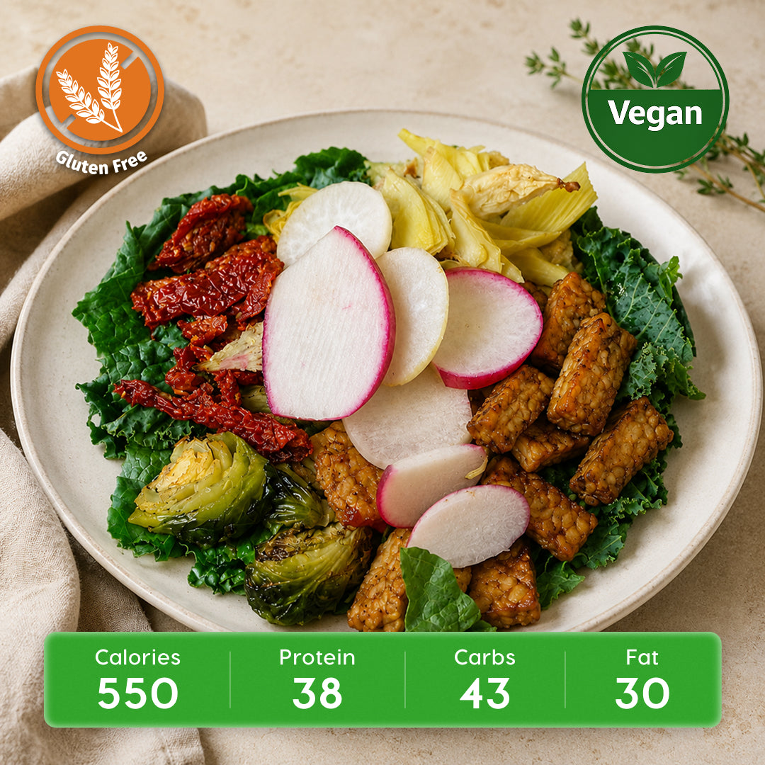 Vegan Ultimate Tempeh Caesar with Kale, Brussels & Crispy Artichokes