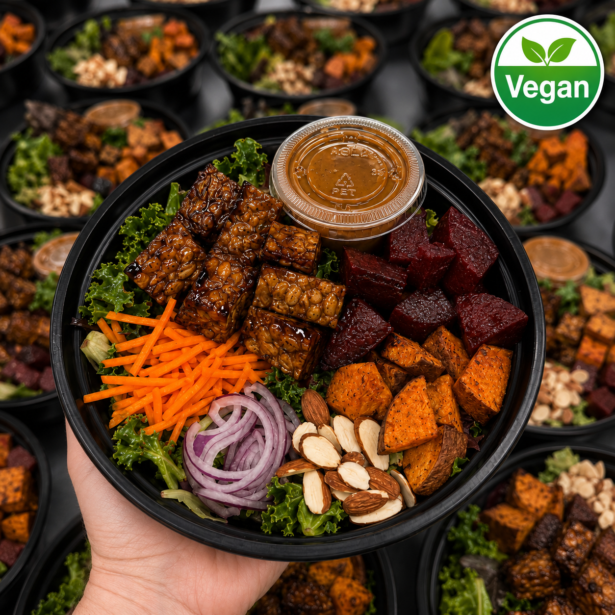 Vegan Balsamic Tempeh & Beet Salad with almonds, carrots, red onion, sweet potato, kale & mixed greens